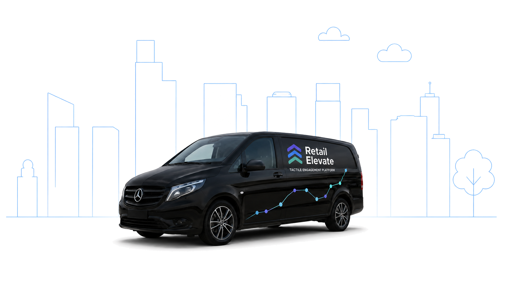 Retail Elevate mobile experience van in front of a city skyline